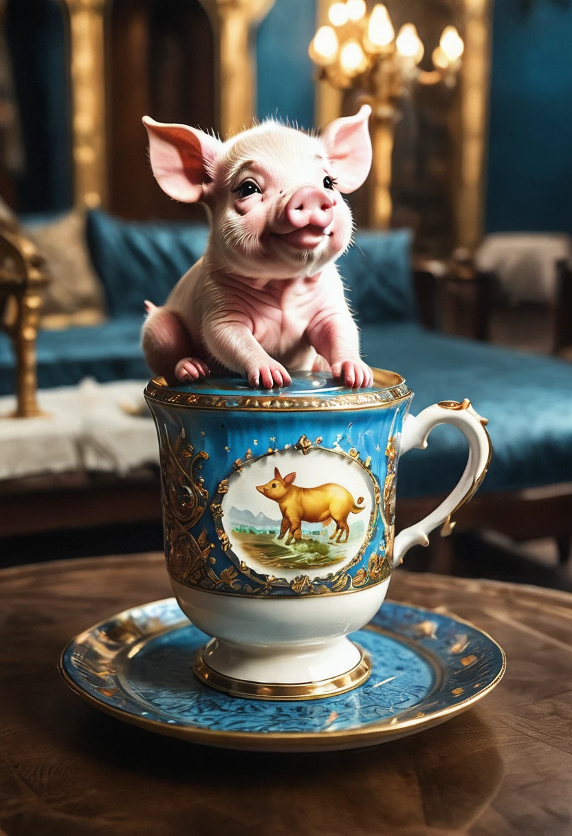 cute tiny realistic piglet sitting inside an ornate ceremonial teacup in the royal palace of Siberia, tea is spilling down the cup and pooling on to the plate, sub surface shading, dramatic lighting