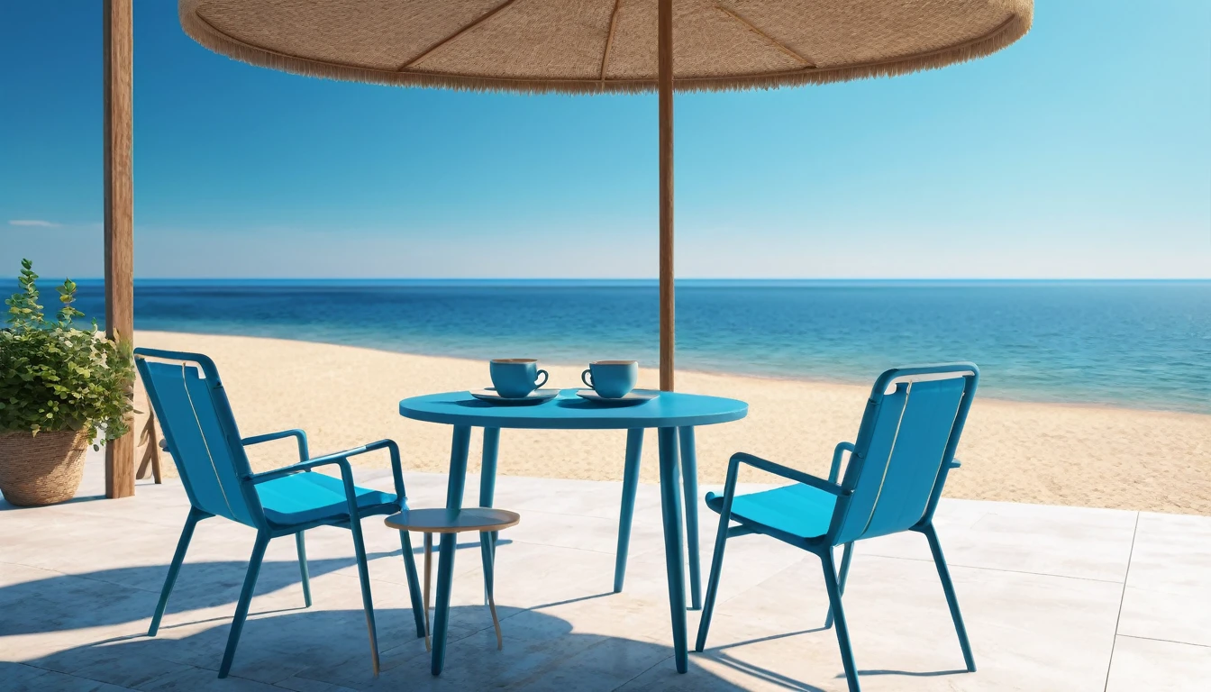 {{masterpiece, best quality, Extremely detailed CG, unified 8k wallpaper, movie lighting}}, seaside photo.Minimalist style leisure table and chairs.Two cups of coffee.Afternoon light and shadow.Beautiful seascape with blue sky and blue sea.leisurely leisure time.Clear, bright, free and romantic