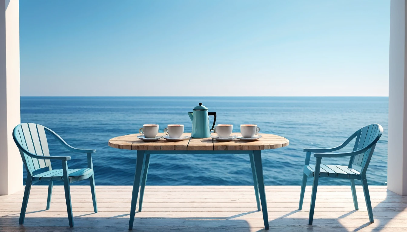 {{masterpiece, best quality, Extremely detailed CG, unified 8k wallpaper, movie lighting}}, seaside photo.Minimalist style leisure table and chairs.Two cups of coffee.Afternoon light and shadow.Beautiful seascape with blue sky and blue sea.leisurely leisure time.Clear, bright, free and romantic