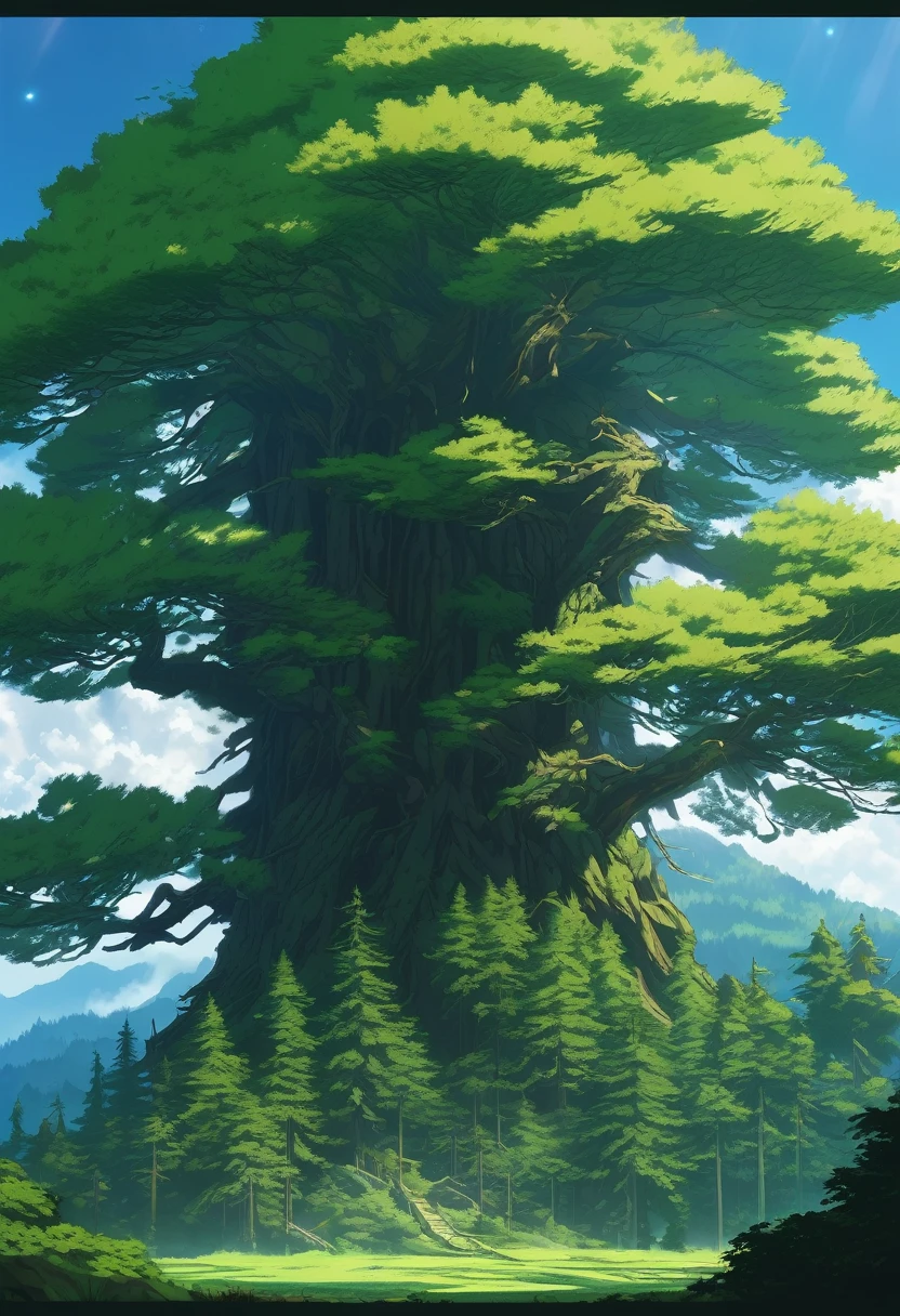 World Tree, A gargantuan redwood spruce tree spanning the entire sky, dark black forest bavarian mythical scenery, dark green pine color scheme only, dark green colors only, dark green, Made in Abyss, Stormlight Archive, Studio Ghibli, Anime Key Visual, by Makoto Shinkai, Deep Color, Intricate, 8k resolution concept art, Natural Lighting, Beautiful Composition, Xianxia style