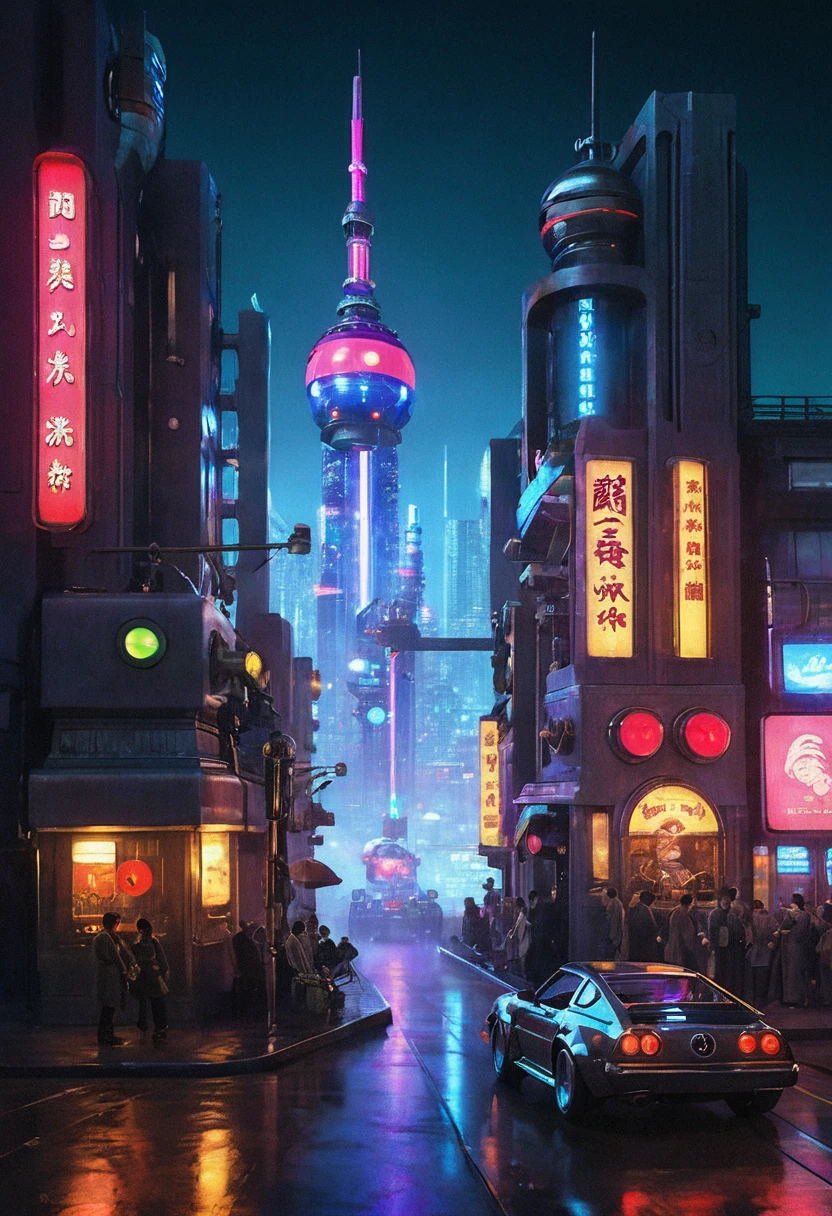 Retro Futuristic dieselpunk neo-tokyo, masterpiece, best quality, nighttime show, low key, realistic, high detailed, (outdoor) , no human, futuritic city, street