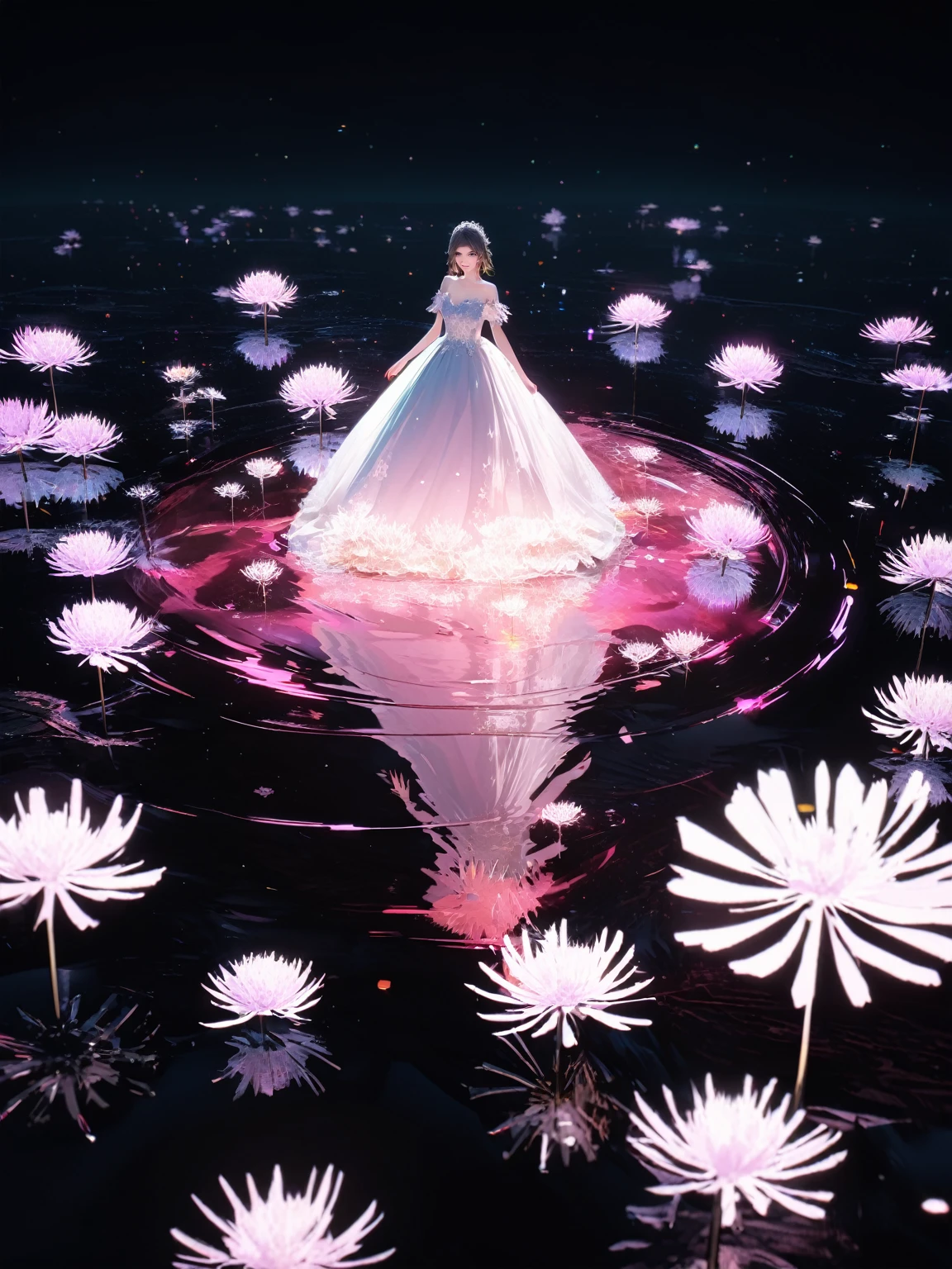 In the middle of the endless sea、White glowing tree made of neon red dandelions, Above stood a man in a long, beautiful dress.、Looking at my reflection on the water。, Black background, Neon Light, Unreal Engine,