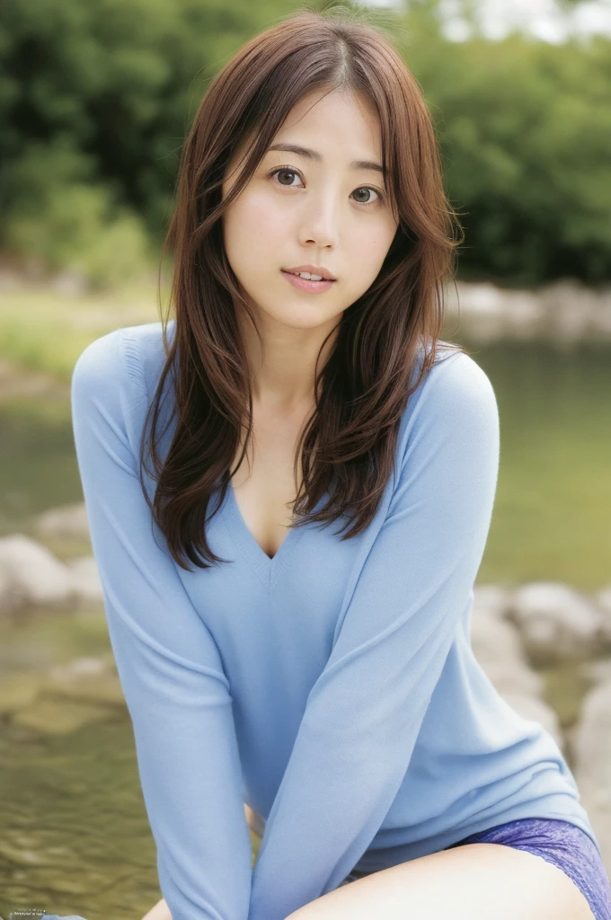 (((One girl,alone))),(Highly realistic photos, High resolution, Detailed face, Beautiful Eyes) Japanese women, 30 years old, Cute Face, Nice body, Medium chest, ,Hairstyle, Take a photo book,Healthy Body,Thighs、turn over、I can see her panties,Satomi Ishihara