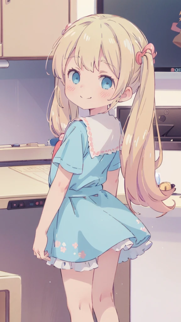 ((masterpiece))((Highest quality))girl、Smirk、blush、Flat Chest、Are thin、Blonde Hair、blush、Are standing、Whole body image、Eye level to the feet、、No background、Blue clothes、Hair is two colors、Twin tails、Red Alice outfit、Look back