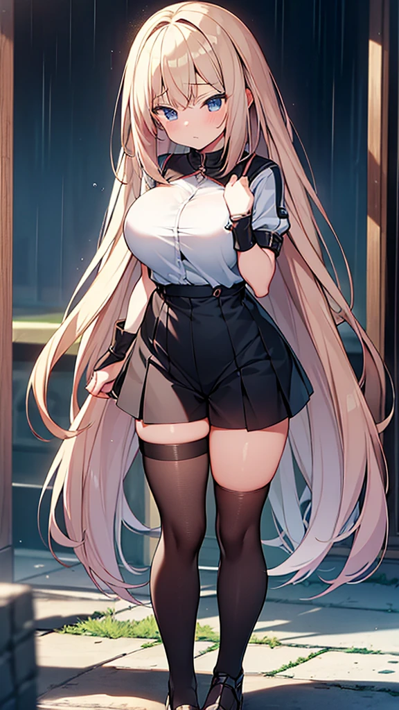 Full body image, front, One girl, 18-year-old, Mix 4, (32K, RAW Photos, Highest quality, masterpiece:1.2), (Anime-like, photoAnime-like:1.37), cute, Short sleeve T-shirt,Shorts,Black knee socks, night, rain, Humidity, Professional Lighting, Photon Mapping, Radio City, Physically Based Rendering, Super Resolution, (Big Breasts:1.2), {{The biological weapon that had preyed on the younger sister took her place and reunited with the older brother, The rebellious little sister has become the obedient little sister}}, Girl Skull, whole body, NSFW