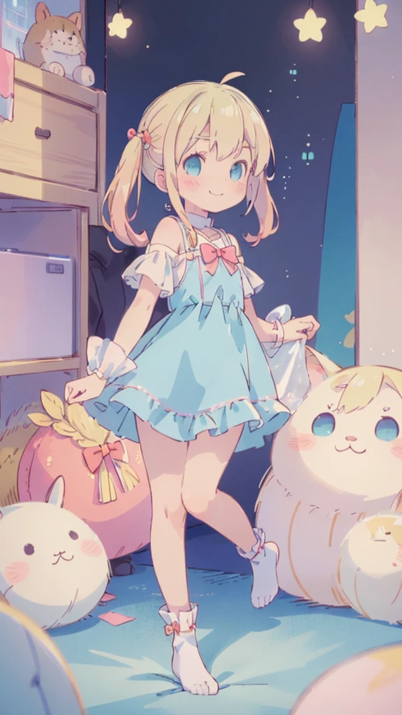 ((masterpiece))((Highest quality))girl、Smirk、blush、Flat Chest、Are thin、Blonde Hair、blush、Are standing、Whole body image、Eye level to the feet、、No background、Blue clothes、Hair is two colors、Twin tails、Red Alice outfit、Look back