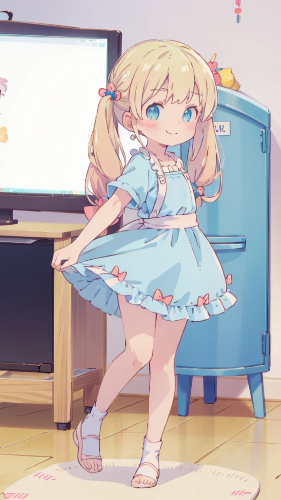 ((masterpiece))((Highest quality))girl、Smirk、blush、Flat Chest、Are thin、Blonde Hair、blush、Are standing、Whole body image、Eye level to the feet、、No background、Blue clothes、Hair is two colors、Twin tails、Red Alice outfit、Look back