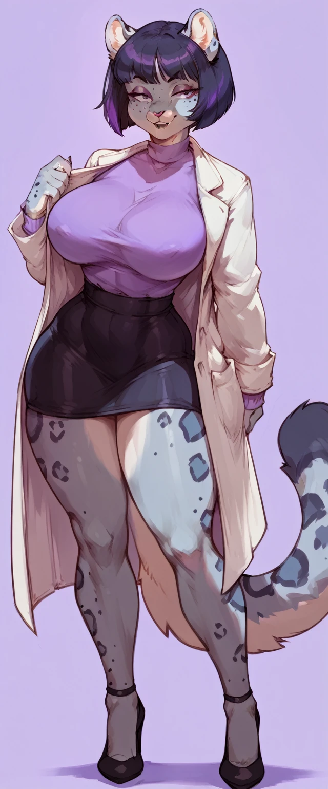 (solo) female anthro snow leopard, black short hair bob cut, snow leopard, (big breasts:1.5), attractive, purple shirt, tight black skirt, lab coat   fit body, snow leopard tail,, thicc, freckles, freckles on face, smug eyes, (happy expression), she is standing look to the viewer , violet background, simple background, thick thighs  (front view) high heels