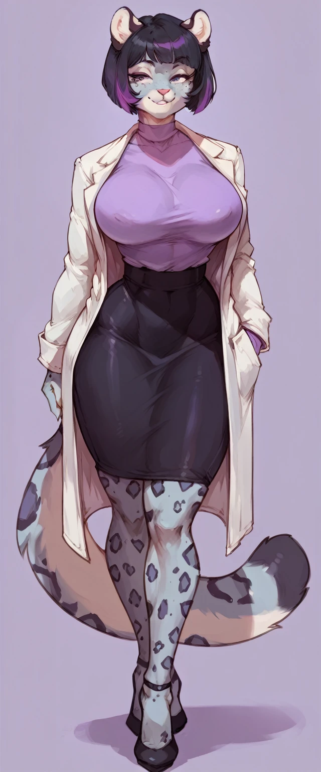 (solo) female anthro snow leopard, black short hair bob cut, snow leopard, (big breasts:1.5), attractive, purple shirt, tight black skirt, lab coat fit body, snow leopard tail,, thicc, freckles, freckles on face, smug eyes, (happy expression), she is standing look to the viewer , violet background, simple background, thick thighs (front view) high heels
