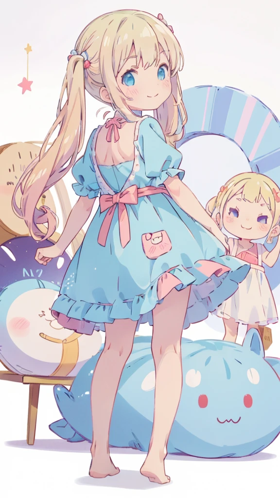 ((masterpiece))((Highest quality))girl、Smirk、blush、Flat Chest、Are thin、Blonde Hair、blush、Are standing、Whole body image、Eye level to the feet、、No background、Blue clothes、Hair is two colors、Twin tails、Red Alice outfit、Look back