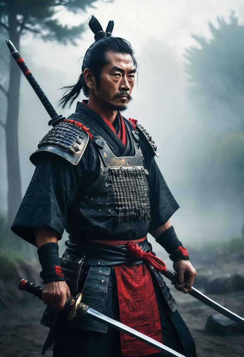 Feudal samurai holding a katana, holy armor, in fighting stance coming Out of the Fog wearing Red detailed samurai Armor, atmospheric haze, Film grain, cinematic film still, shallow depth of field, highly detailed, high budget, cinemascope, moody, epic, gorgeous, 2000s vintage RAW photo, photorealistic, candid camera, color graded cinematic, eye catchlights, atmospheric lighting, skin pores, imperfections, natural, shallow dof, deep blacks, high monochrome contrast