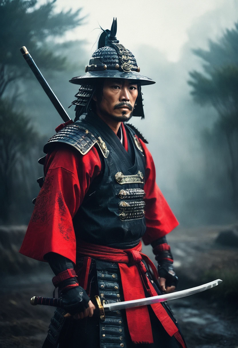 Feudal samurai holding a katana, holy armor, in fighting stance coming Out of the Fog wearing Red detailed samurai Armor, atmospheric haze, Film grain, cinematic film still, shallow depth of field, highly detailed, high budget, cinemascope, moody, epic, gorgeous, 2000s vintage RAW photo, photorealistic, candid camera, color graded cinematic, eye catchlights, atmospheric lighting, skin pores, imperfections, natural, shallow dof, deep blacks, high monochrome contrast