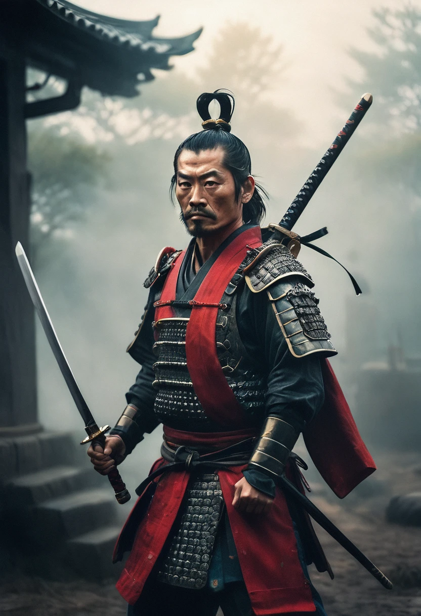 Feudal samurai holding a katana, holy armor, in fighting stance coming Out of the Fog wearing Red detailed samurai Armor, atmospheric haze, Film grain, cinematic film still, shallow depth of field, highly detailed, high budget, cinemascope, moody, epic, gorgeous, 2000s vintage RAW photo, photorealistic, candid camera, color graded cinematic, eye catchlights, atmospheric lighting, skin pores, imperfections, natural, shallow dof, deep blacks, high monochrome contrast