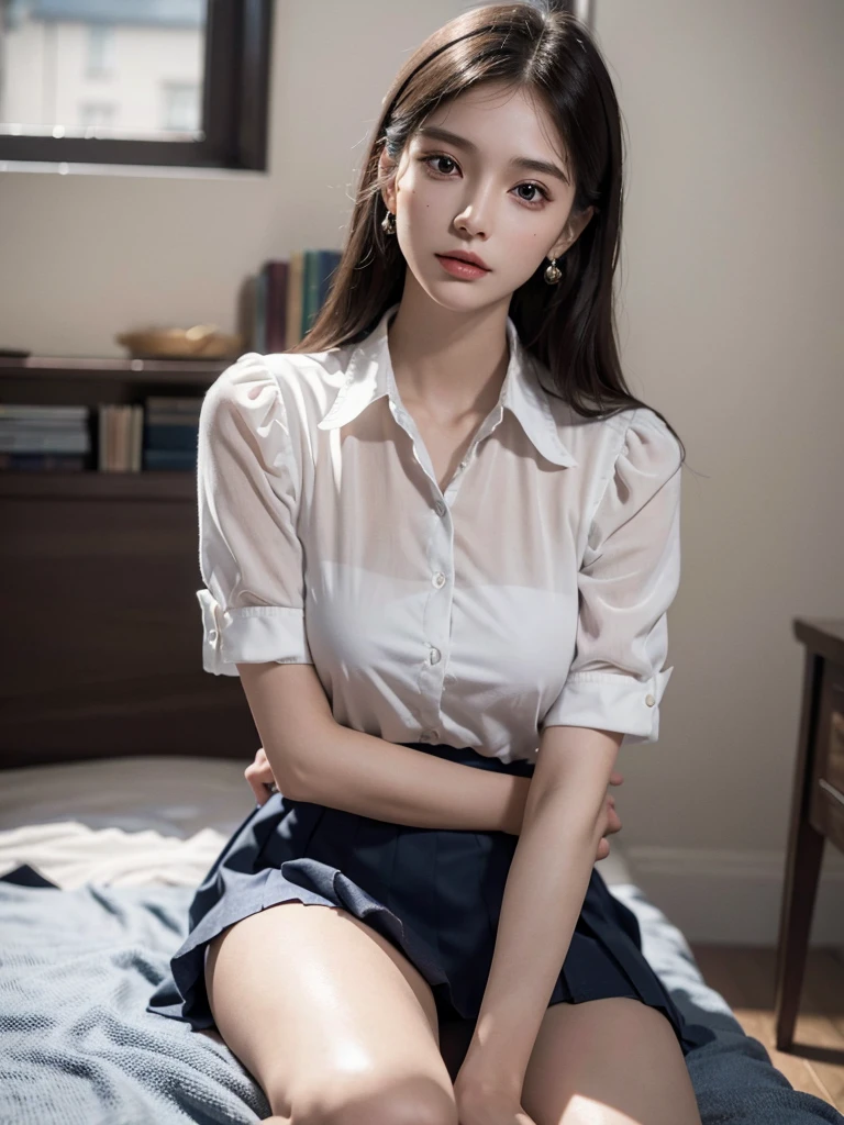 absurdres, RAW photo, extremely delicate and beautiful, masterpiece, Best Quality, ultra high resolution, 32k, hyperrealistic, ultra-detailed, perfect anatomy, super Detailed skin, perfect figure, Super Beauty, Perfect Style, Perfect balance, Beautiful Lighting, Perfect Lightning, Realistic Shadows, 20 years old, very Slim body, narrow waist, very small head, very small face, delicate facial features, handsome detailed woman, very detailed eyes and face, realistic face proportions, Realistic beautiful face, Realistic beautiful eyes, tearful mole, earring, very huge round breasts, legs, medium hair, asymmetrical hair, full_body_shot, indoor, school_uniform, short skirt, bare foots,