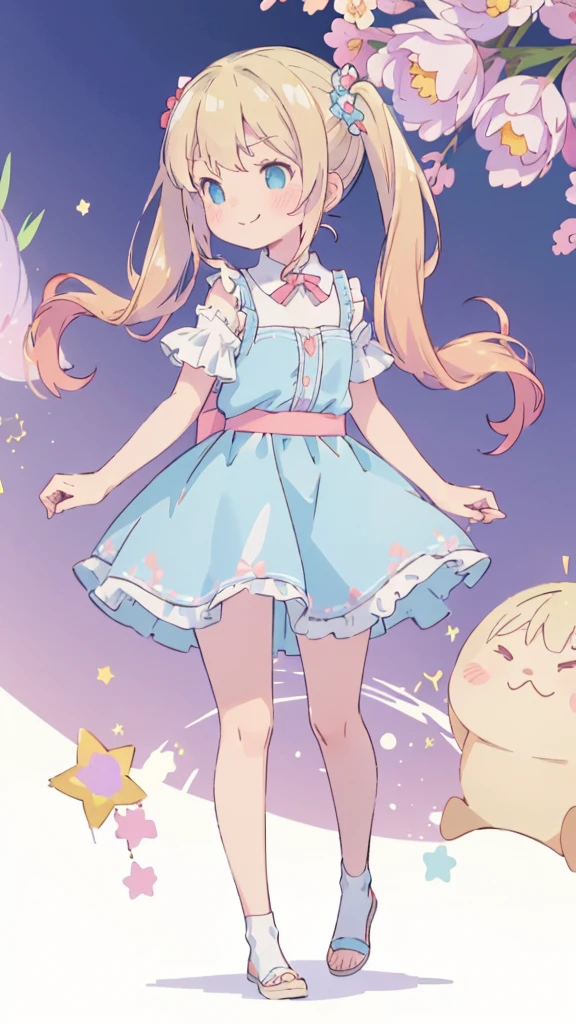 ((masterpiece))((Highest quality))girl、Smirk、blush、Flat Chest、Are thin、Blonde Hair、blush、Are standing、Whole body image、Eye level to the feet、、No background、Blue clothes、Hair is two colors、Twin tails、Red Alice outfit、Look back