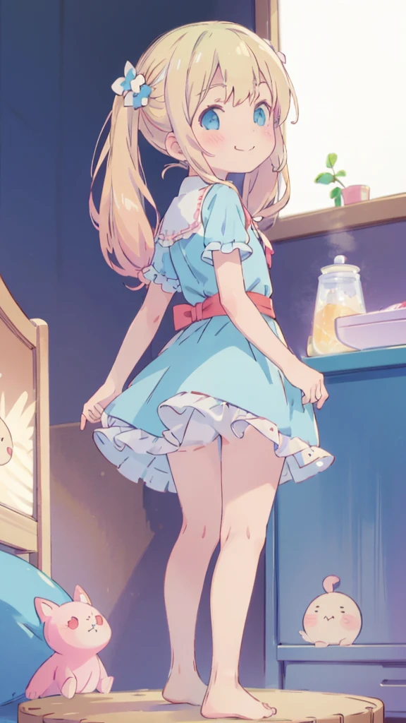 ((masterpiece))((Highest quality))girl、Smirk、blush、Flat Chest、Are thin、Blonde Hair、blush、Are standing、Whole body image、Eye level to the feet、、No background、Blue clothes、Hair is two colors、Twin tails、Red Alice outfit、Look back