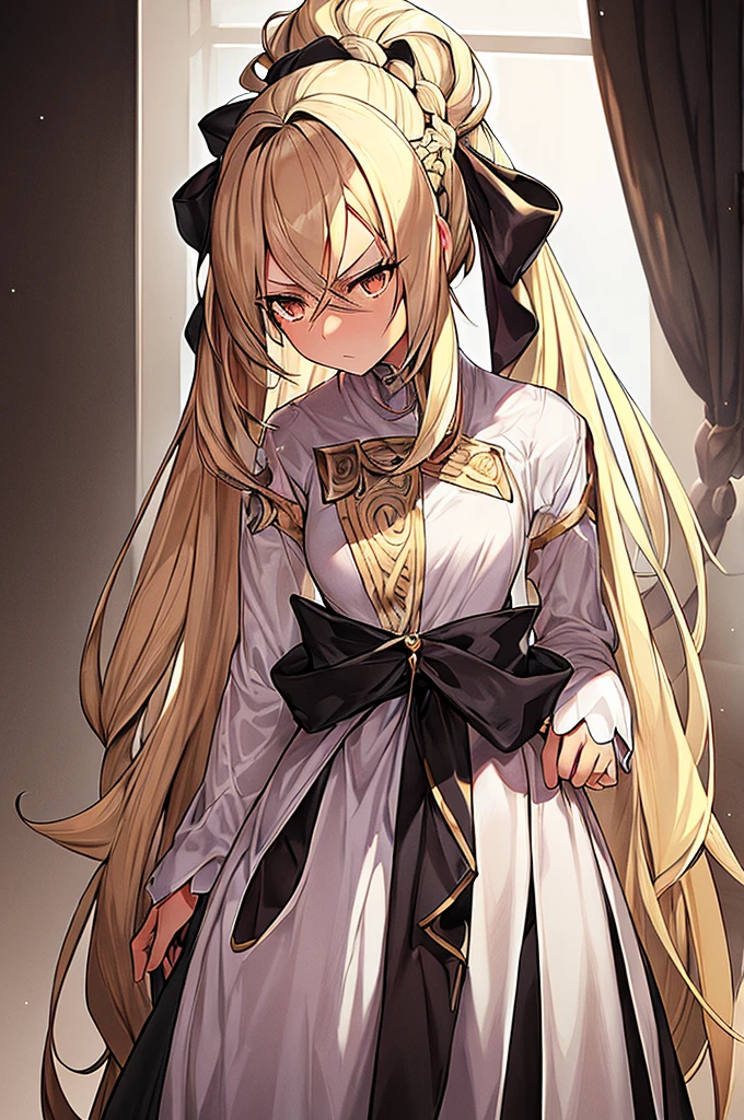 Masterpiece, best quality, girl noir style, beige skin, hairy skin, beige hair on the skin, brown eyes, long beige hair combed, hair up, white dress, black bow, determined look, look forward, serious, hairy skin . hairy face, noir style, hair up.