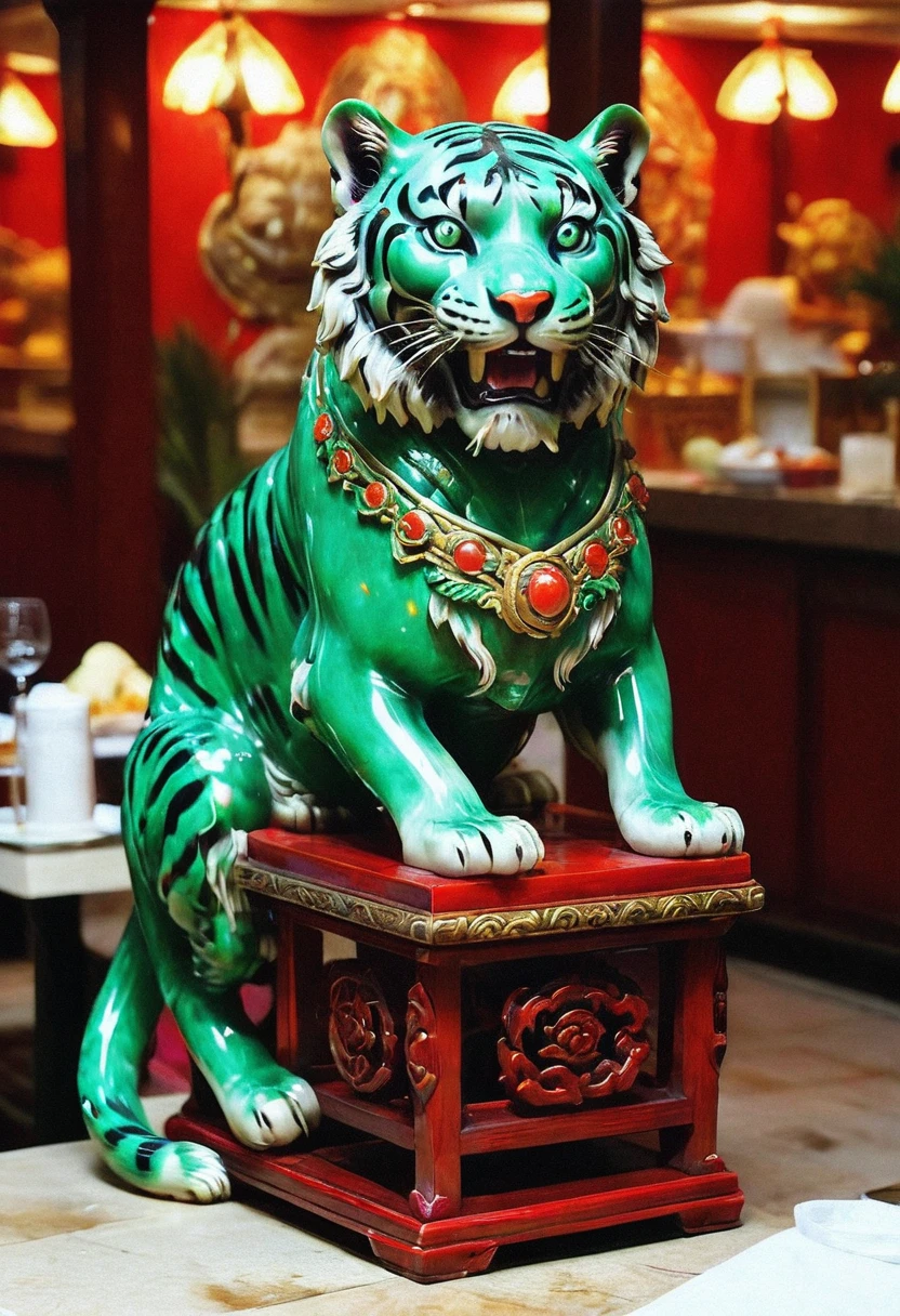 A stunning jade Chinese figurine sculpture of a Tiger in an ornate Chinese buffet restaurant