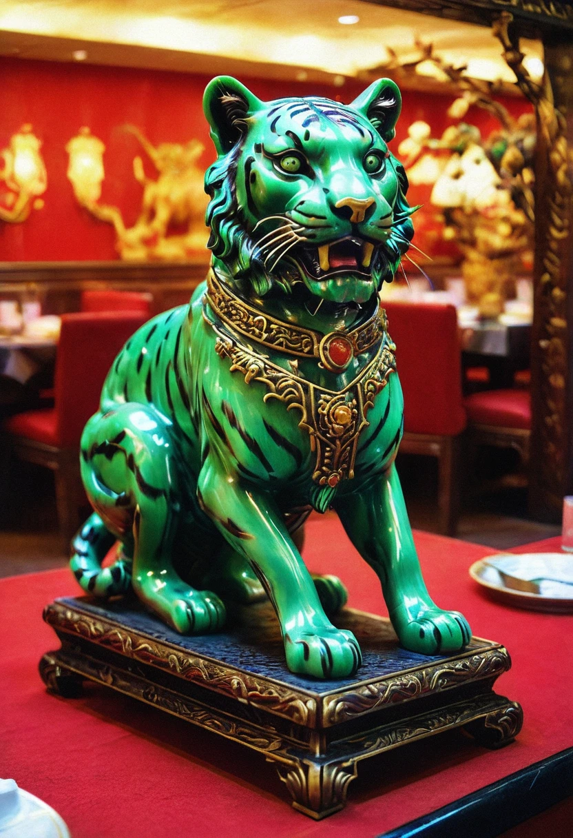 A stunning jade Chinese figurine sculpture of a Tiger in an ornate Chinese buffet restaurant