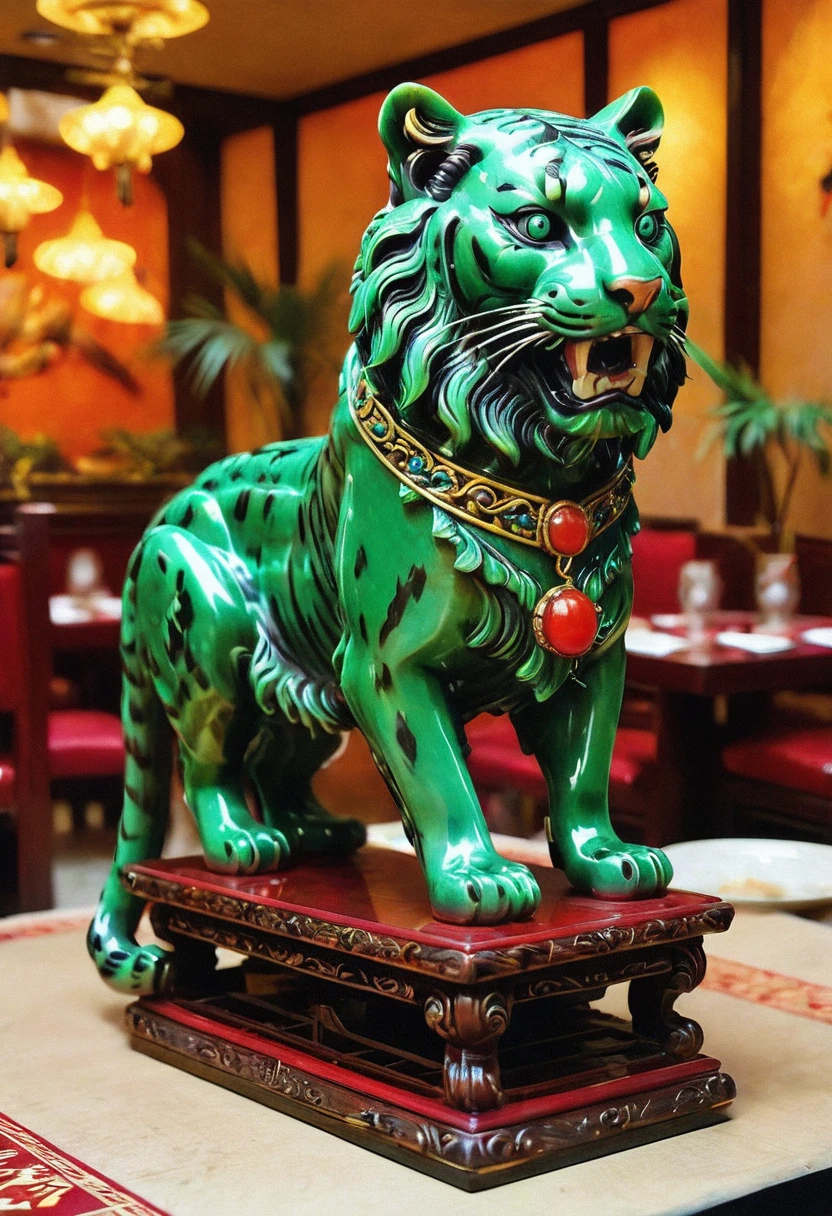 A stunning jade Chinese figurine sculpture of a Tiger in an ornate Chinese buffet restaurant