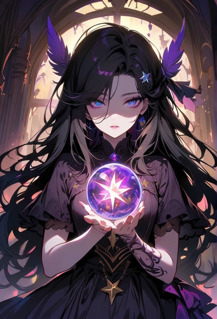 (masterpiece, best quality: 1.2), high resolution, high quality, made of star particles, nice long hair, nice decoration in the hair, hand close to the view, energy sphere in the hand magical forest in the background