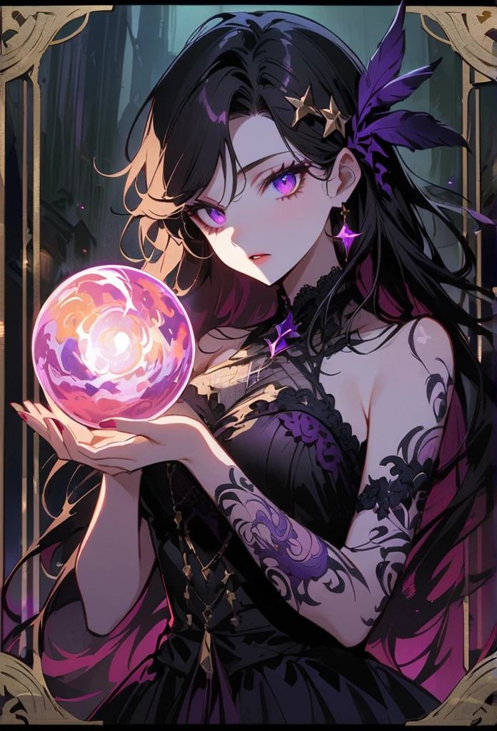Mysterious astrologer girl,Pale skin,Medium black hair fluttering in the wind,Shiny glasses lenses, She held a glowing sphere in her hand,Emerald eyes,Sharp eyes,The strange tattoo on her arm,Crystal Ball,Thunder and five-pointed star decoration,Tarot,Mysterious symbols,Dramatic Lighting,Gothic,Purple lace dress,Gorgeous jewelry,Feather hair accessories, Dark and scary atmosphere,