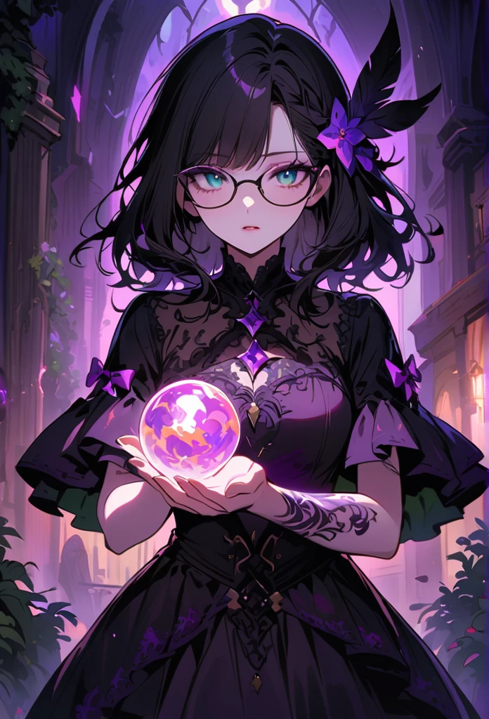 Mysterious astrologer girl,Pale skin,Medium black hair fluttering in the wind,Shiny glasses lenses, She held a glowing sphere in her hand,Emerald eyes,Sharp eyes,The strange tattoo on her arm,Crystal Ball,Thunder and five-pointed star decoration,Tarot,Mysterious symbols,Dramatic Lighting,Gothic,Purple lace dress,Gorgeous jewelry,Feather hair accessories, Dark and scary atmosphere,