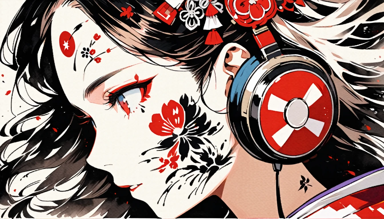 (((Ink Painting))), ((Japanese style headphones)), (((Japanese pattern tattoo on face))), face close up, Gorgeous hair accessories, Japan人の女, Fluttering Hair, Japan, Japanese flag, Multicolor