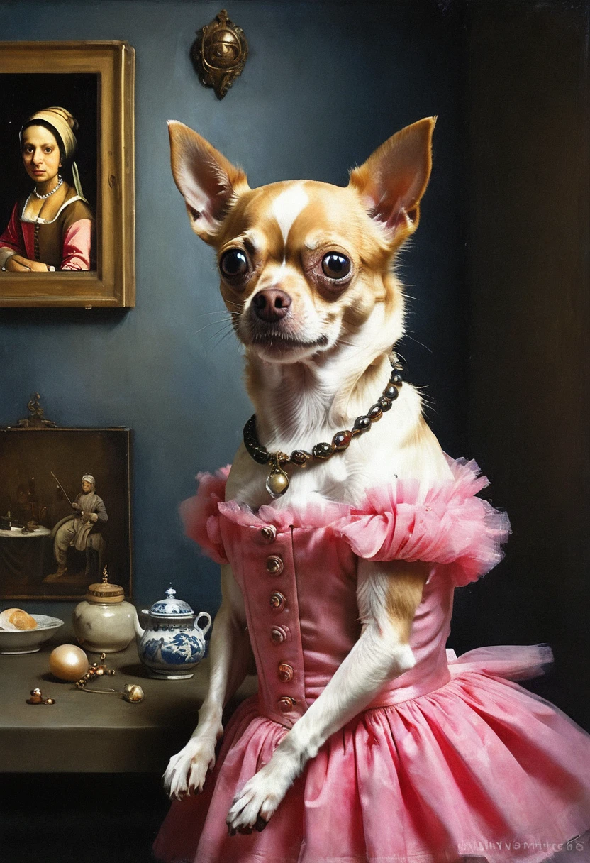 Painting of a bug-eyed nervous chihuahua wearing a pink tutu in a modest kitchen inspired by Girl With The Pearl Earring. Girl with a Pearl Earring (Dutch: Meisje met de parel) is an oil painting by Dutch Golden Age painter Johannes Vermeer, dated c. 1665. Going by various names over the centuries, it became known by its present title towards the end of the 20th century after the earring worn by the girl portrayed there. The work has been in the collection of the Mauritshuis in The Hague since 1902 and has been the subject of various literary and cinematic treatments. (Photography, Ultrarealistic, 3D Illustration, Exquisite Detail)