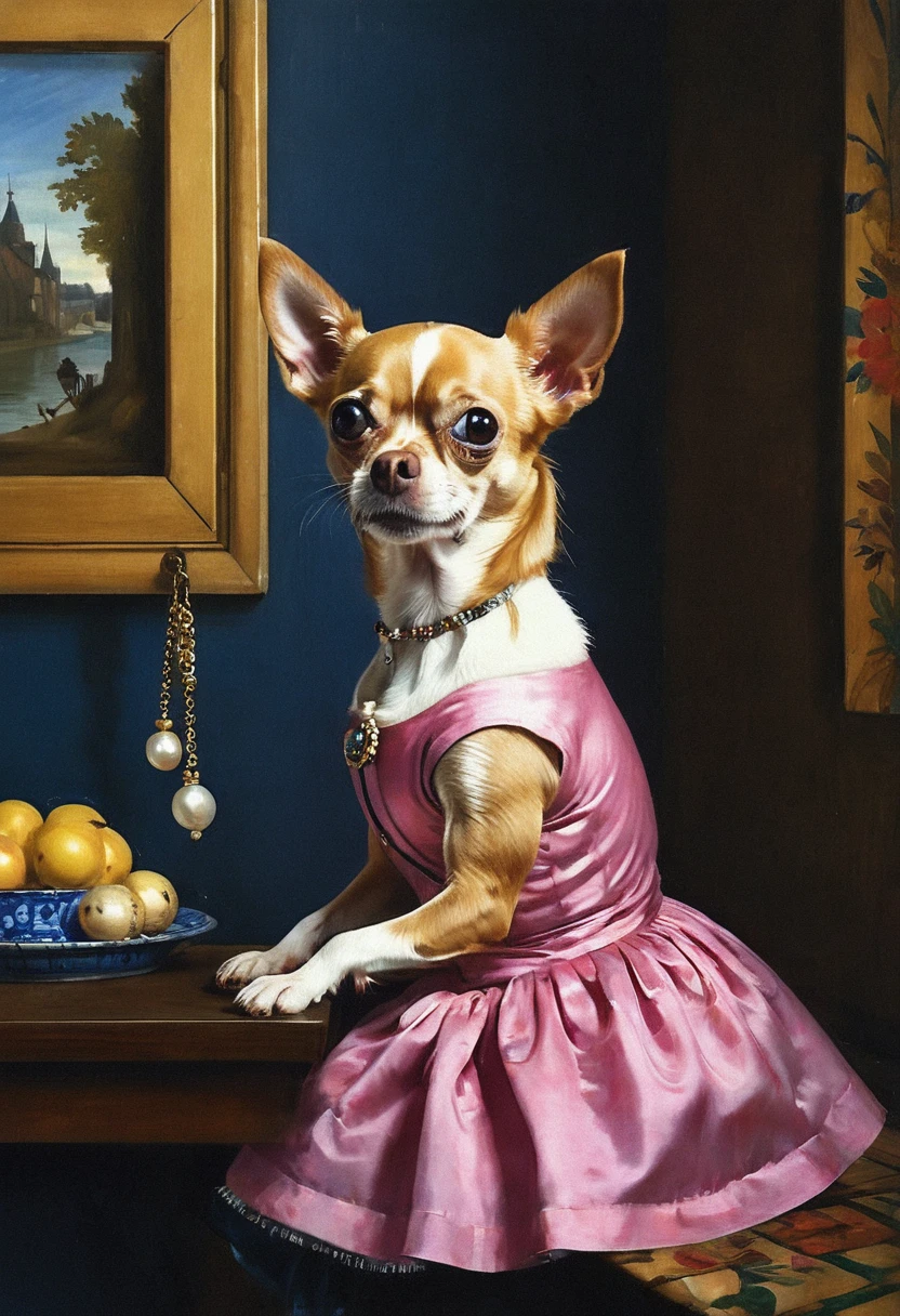 Painting of a bug-eyed nervous chihuahua wearing a pink tutu in a modest kitchen inspired by Girl With The Pearl Earring. Girl with a Pearl Earring (Dutch: Meisje met de parel) is an oil painting by Dutch Golden Age painter Johannes Vermeer, dated c. 1665. Going by various names over the centuries, it became known by its present title towards the end of the 20th century after the earring worn by the girl portrayed there. The work has been in the collection of the Mauritshuis in The Hague since 1902 and has been the subject of various literary and cinematic treatments. (Photography, Ultrarealistic, 3D Illustration, Exquisite Detail)