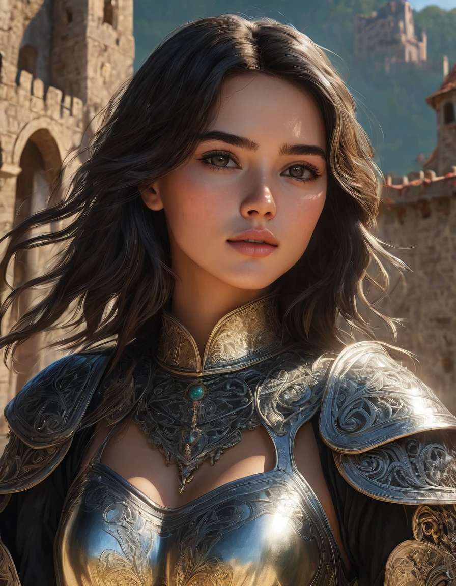 high resolution, ultradetailed, sunny day, ray of lights, 16k, UHD, photorealistic, (skin texture:1.2), (detailed face features:1.3), correct proportions, (castle ruins background:1.2 ), 1 girl, beautiful brown eyes, cowboy pose, dynamic pose, pretty eyes, plump lips, (thin and sharp pale eyebrows), long dark eyelashes, enigmatic, light skin, full body shot, accurate nose, (dark black hair:1.2), (bobcut:1.3), (form-fitting, ornate and elegant fantasy metal armor made of dark green metal with inserts of fine chain mail and floral embossed ornament:1.1), skinny fit girl, very small breasts, flat chest, Alessandra Martines, luna, full body shot