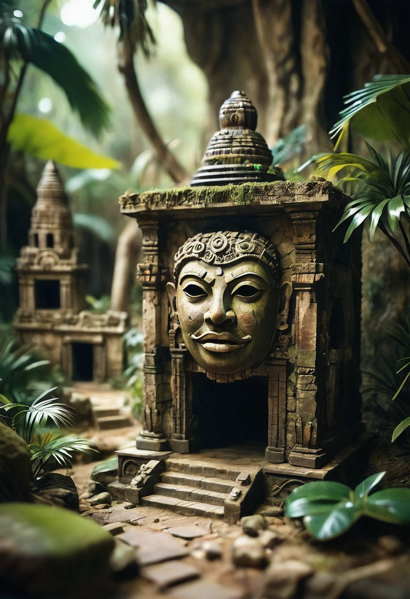 tilt-shift photo of ancient jungle ruins with a morphing mask. In an absurd situation. selective focus, miniature effect, blurred background, highly detailed, vibrant, perspective control