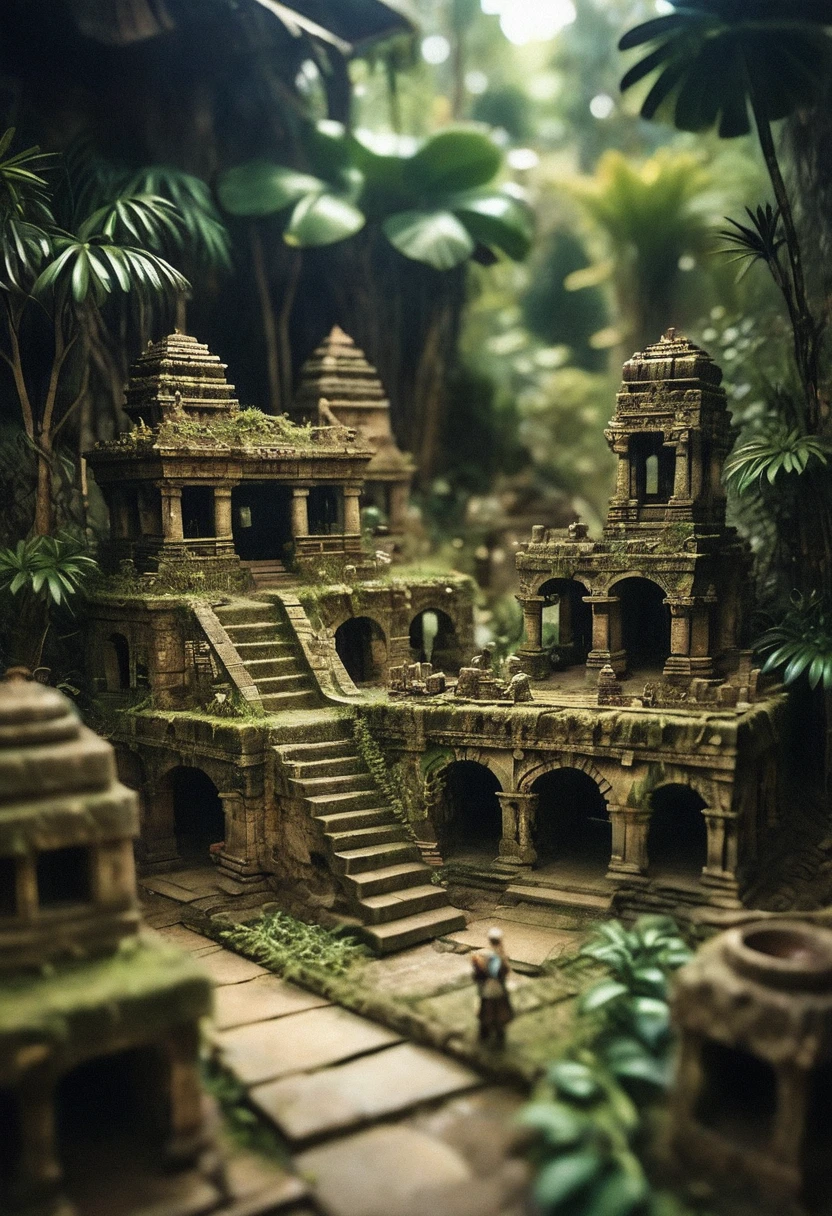 tilt-shift photo of ancient jungle ruins with a morphing mask. In an absurd situation. selective focus, miniature effect, blurred background, highly detailed, vibrant, perspective control