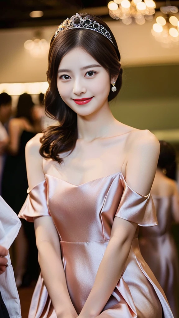 (Highest quality、High resolution、masterpiece、high resolution:1.2)、One Woman、20 year old Japanese woman、Cute female college student、((silk dresses、Semi-formal dresses、party style、Wearing gorgeous clothing:1.2)、Look at you with a gentle smile、looking at the camera、A gentle smile、Detailed face and eyes、Beautiful eyes、Dark brown hair、Straight Hair、Medium breast、Beautiful breasts、Off-the-shoulder dress、Beautiful clavicle、Thin arms、Dark brown eyebrows、(Glamorous evening party、Summer Ball:1.1)、Bright lighting、Professional Lighting、Wearing nice accessories、Beautiful feet、tiara、upper class、Adult social gathering