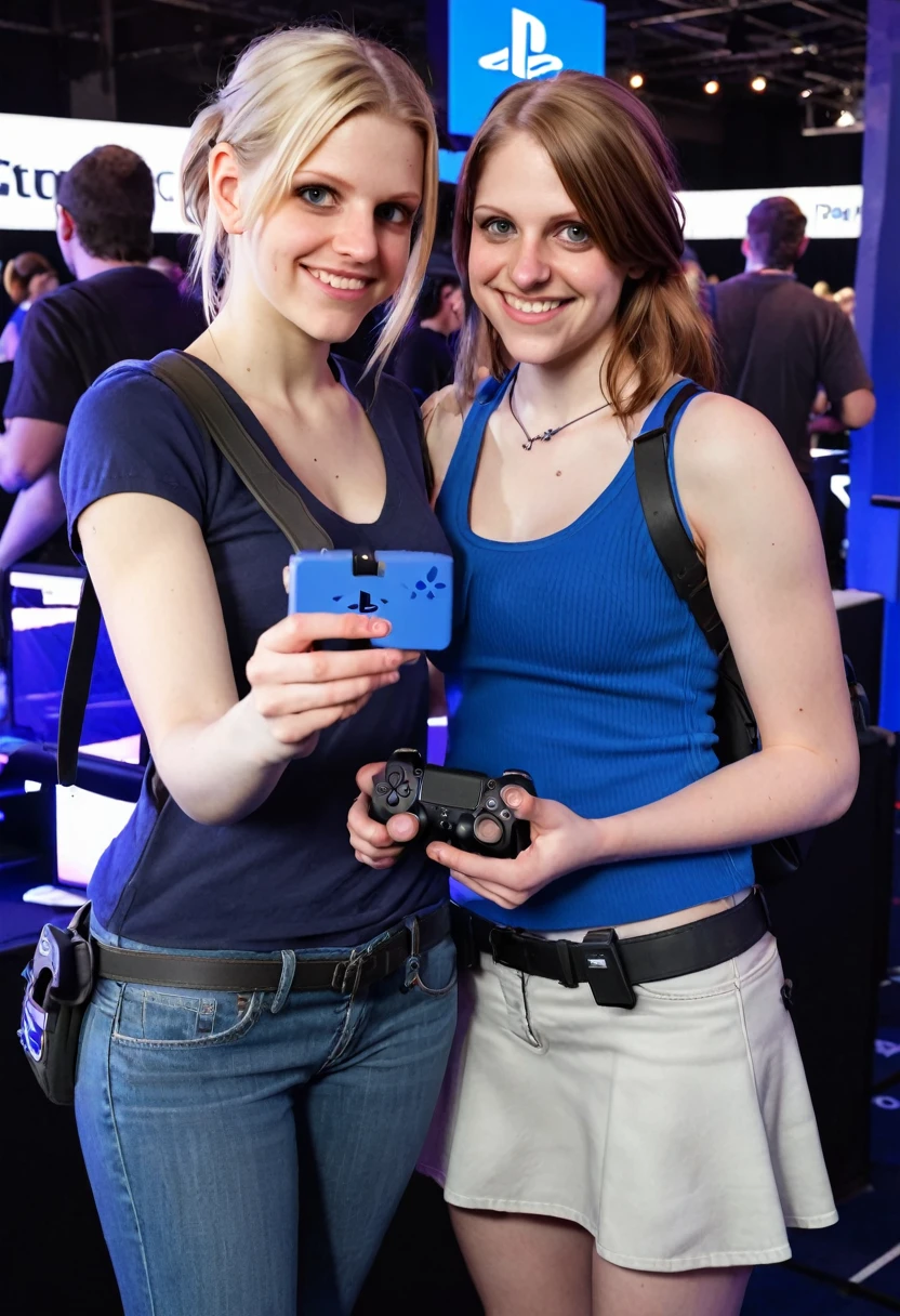 Jill Valentine at a Playstation gaming event taking a photo with a fan.