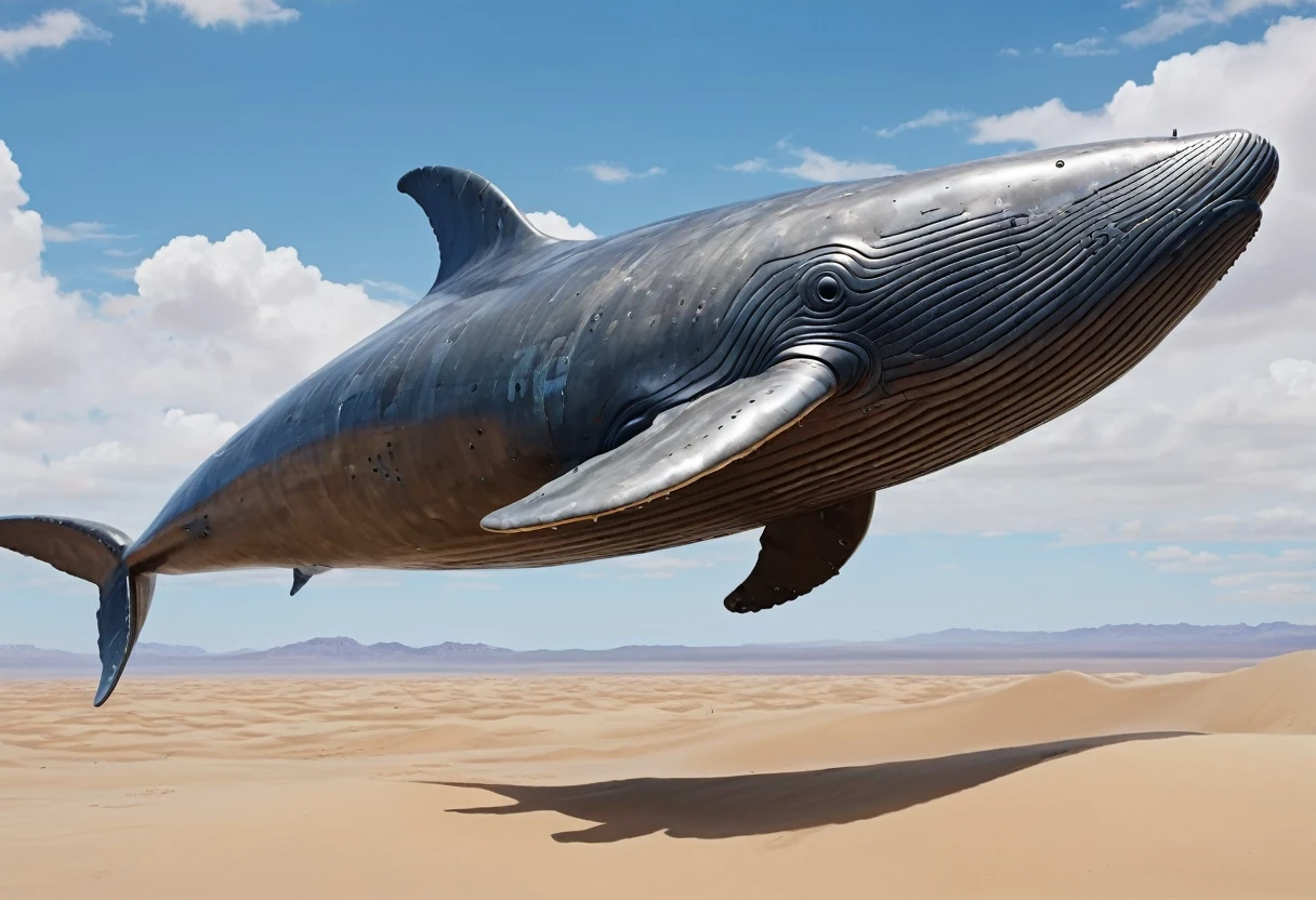(masterpiece, best quality, vivid colors: 1.2) a huge flying whale soaring high in the skies, The whale is equipped with metal parts all over its body, color gris, disturbing appearance, anime screencap, side view, the background is a desert of sand dunes.