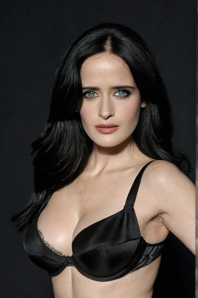 Professional photo of a beautiful young girl, beautiful face, eva green, salma hayek, glamor makeup, long black hair, thin body, large breasts, black bra, simple black background, eye contact, looking at viewer, masterpiece, best quality, perfect detail, perfect face detail,  perfect eye detail, perfect skin detail, depth of field, perfect lighting