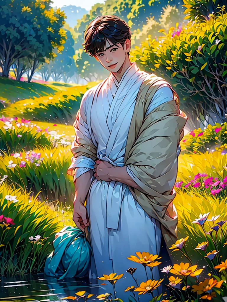 (in 8K、top-quality、masterpiece:1.2)、1 boy、short-haired、Hair short、Brown-skinned、Green View、