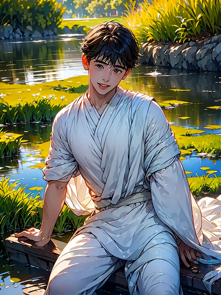 (in 8K、top-quality、masterpiece:1.2)、1 boy、short-haired、Hair short、Brown-skinned、Green View、