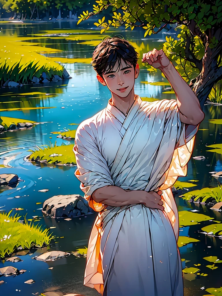 (in 8K、top-quality、masterpiece:1.2)、1 boy、short-haired、Hair short、Brown-skinned、Green View、