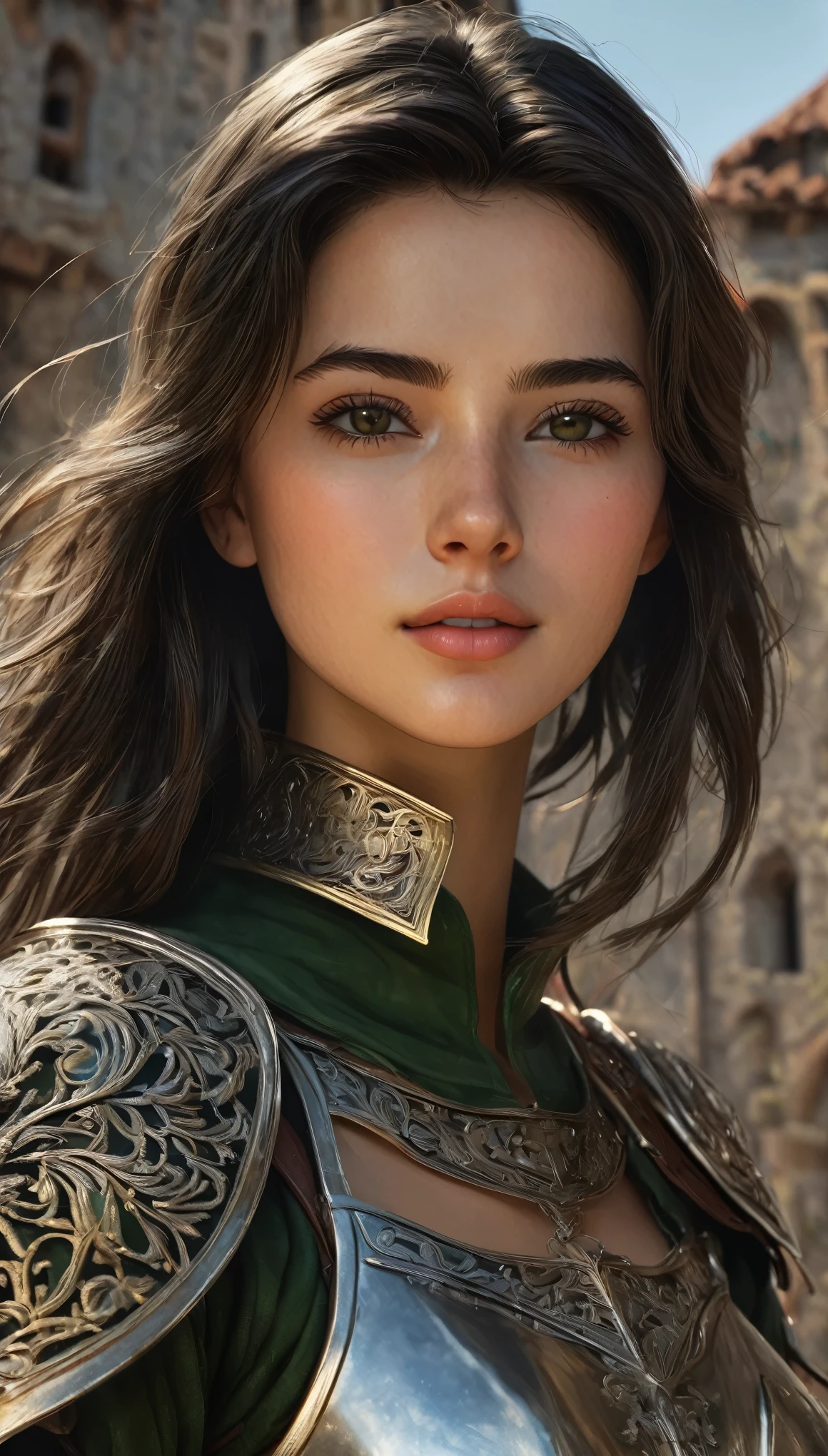 high resolution, ultradetailed, sunny day, ray of lights, 16k, UHD, photorealistic, (skin texture:1.2), (detailed face features:1.3), correct proportions, (castle ruins background:1.2 ), 1 girl, beautiful brown eyes, cowboy pose, dynamic pose, pretty eyes, plump lips, (thin and sharp pale eyebrows), long dark eyelashes, enigmatic, light skin, full body shot, accurate nose, (dark black hair:1.2), (bobcut:1.3), (form-fitting, ornate and elegant fantasy metal armor made of dark green metal with inserts of fine chain mail and floral embossed ornament:1.1), skinny fit girl, very small breasts, flat chest, Alessandra Martines, luna