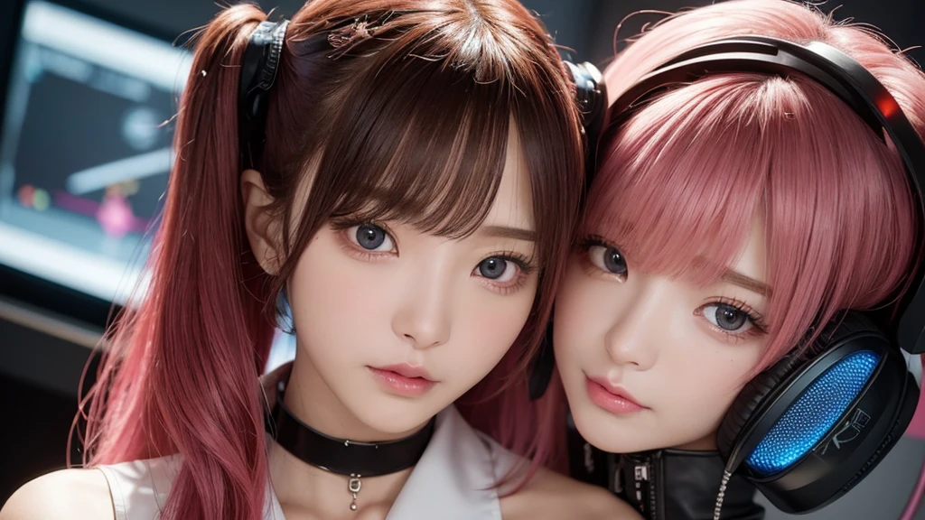masterpiece, 1 beautiful girl, solo shot,Detailed eye, Swollen eyes, top-quality, 超A high resolution, (reality: 1.4), Movie Lighting, japanes, a asian beauty, very extremely beautiful, Beautiful skins, A slender, Forward-facing body, gazing at viewer、(A hyper-realistic), (hight resolution), (8k), (ighly detailed), ( Best Illustration), (beautifully detailed eyes), (Ultra-detail), Detailed face, Bright lighting, Professional Lighting、The background is a cyberpunk room with many monitors..、Hair color is pink twin tails、、headset on head、Moles under the eyes、Plump and glossy lips、Heart-shaped choker、Female Game Commentator, Close eyes