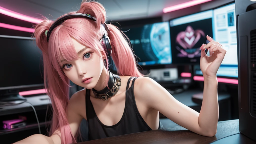 masterpiece, 1 beautiful girl, solo shot,Detailed eye, Swollen eyes, top-quality, 超A high resolution, (reality: 1.4), Movie Lighting, japanes, a asian beauty, very extremely beautiful, Beautiful skins, A slender, Forward-facing body, gazing at viewer、(A hyper-realistic), (hight resolution), (8k), (ighly detailed), ( Best Illustration), (beautifully detailed eyes), (Ultra-detail), Detailed face, Bright lighting, Professional Lighting、The background is a cyberpunk room with many monitors..、Hair color is pink twin tails、、headset on head、Moles under the eyes、Plump and glossy lips、Heart-shaped choker、Female Game Commentator, Close eyes