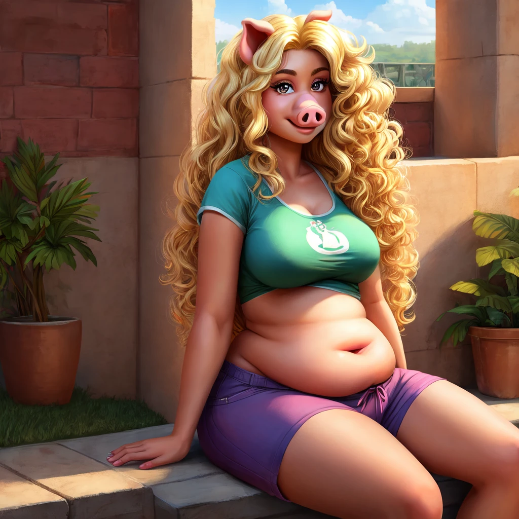 ((Best quality)), ((masterpiece)), (detailed), pig, pig girl, furry pig, big body, большой body, is sitting, smooth belly, shorts, серые shorts, T-shirt, View from afar, long hair, blonde hair, Beautiful face, skinny face, age 45, voluminous hair , curly hair, pig furry, Only 1 character