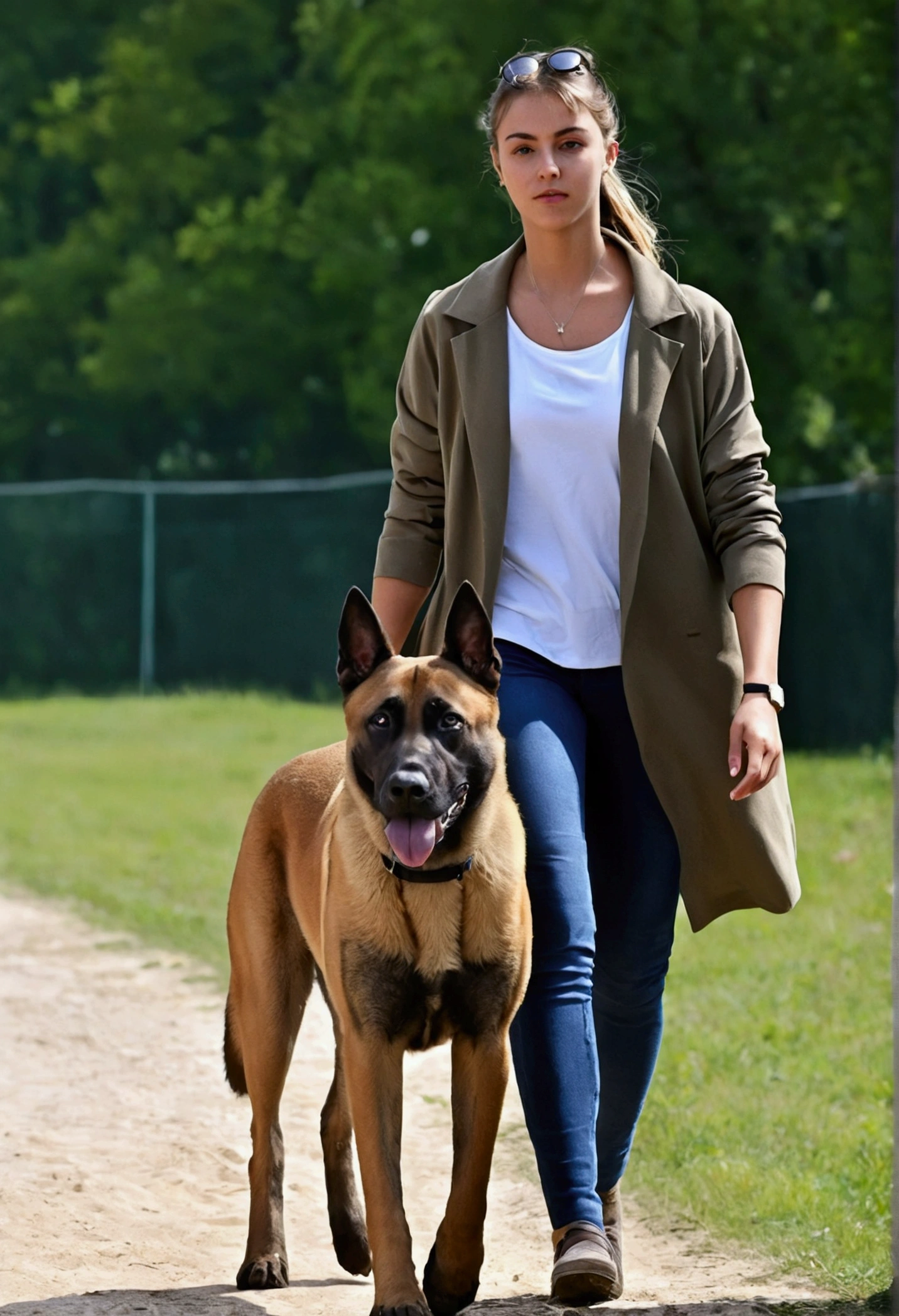 Jeune femme européenne, 20ans, châtain entrain de promener son malinois