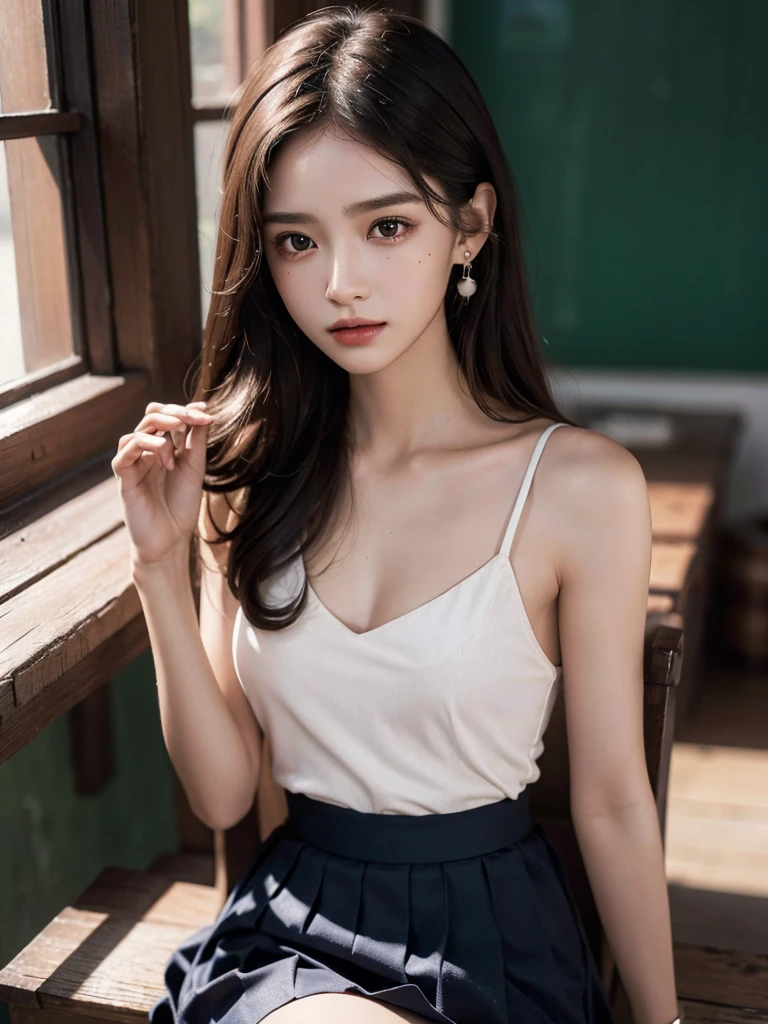 absurdres, RAW photo, extremely delicate and beautiful, masterpiece, Best Quality, ultra high resolution, 32k, hyperrealistic, ultra-detailed, perfect anatomy, super Detailed skin, perfect figure, Super Beauty, Perfect Style, Perfect balance, Beautiful Lighting, Perfect Lightning, Realistic Shadows, 20 years old, very Slim body, narrow waist, very small head, very small face, delicate facial features, handsome detailed woman, very detailed eyes and face, realistic face proportions, Realistic beautiful face, Realistic beautiful eyes, tearful mole, earring, very huge round breasts, legs, medium hair, asymmetrical hair, full_body_shot, indoor, school_uniform, short skirt, bare foots,