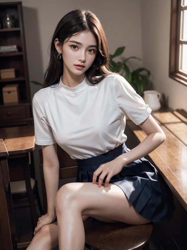 absurdres, RAW photo, extremely delicate and beautiful, masterpiece, Best Quality, ultra high resolution, 32k, hyperrealistic, ultra-detailed, perfect anatomy, super Detailed skin, perfect figure, Super Beauty, Perfect Style, Perfect balance, Beautiful Lighting, Perfect Lightning, Realistic Shadows, 20 years old, very Slim body, narrow waist, very small head, very small face, delicate facial features, handsome detailed woman, very detailed eyes and face, realistic face proportions, Realistic beautiful face, Realistic beautiful eyes, tearful mole, earring, very huge round breasts, legs, medium hair, asymmetrical hair, full_body_shot, indoor, school_uniform, short skirt, bare foots,