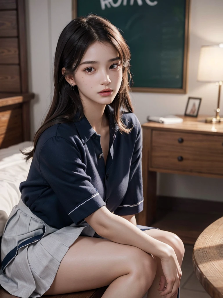 absurdres, RAW photo, extremely delicate and beautiful, masterpiece, Best Quality, ultra high resolution, 32k, hyperrealistic, ultra-detailed, perfect anatomy, super Detailed skin, perfect figure, Super Beauty, Perfect Style, Perfect balance, Beautiful Lighting, Perfect Lightning, Realistic Shadows, 20 years old, very Slim body, narrow waist, very small head, very small face, delicate facial features, handsome detailed woman, very detailed eyes and face, realistic face proportions, Realistic beautiful face, Realistic beautiful eyes, tearful mole, earring, very huge round breasts, legs, medium hair, asymmetrical hair, full_body_shot, indoor, school_uniform, short skirt, bare foots,