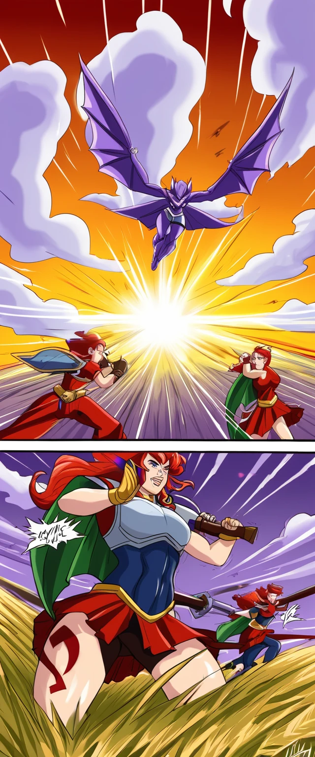 Lilith, in battle against his lilac enemy, in an open field duel, with power of ki, with battle marks from both girls.