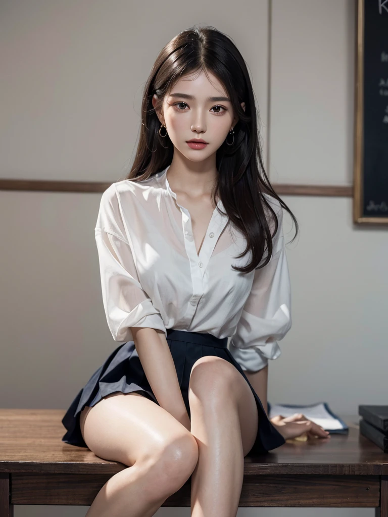 absurdres, RAW photo, extremely delicate and beautiful, masterpiece, Best Quality, ultra high resolution, 32k, hyperrealistic, ultra-detailed, perfect anatomy, super Detailed skin, perfect figure, Super Beauty, Perfect Style, Perfect balance, Beautiful Lighting, Perfect Lightning, Realistic Shadows, 20 years old, very Slim body, narrow waist, very small head, very small face, delicate facial features, handsome detailed woman, very detailed eyes and face, realistic face proportions, Realistic beautiful face, Realistic beautiful eyes, tearful mole, earring, very huge round breasts, legs, medium hair, asymmetrical hair, full_body_shot, indoor, school_uniform, short skirt, bare foots,